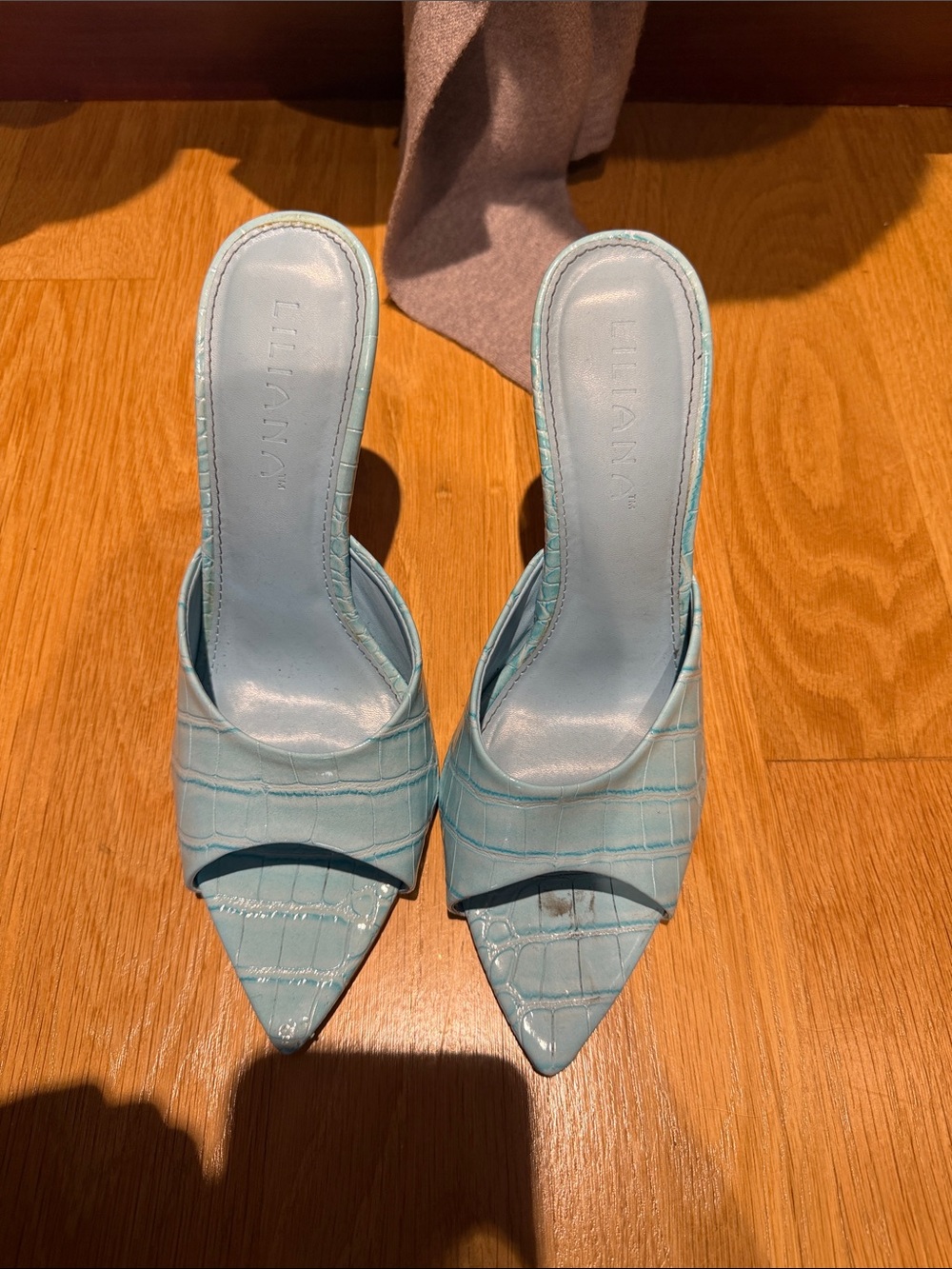 Liliana Powder Blue Croc-Embossed Pointed Mule Heels
